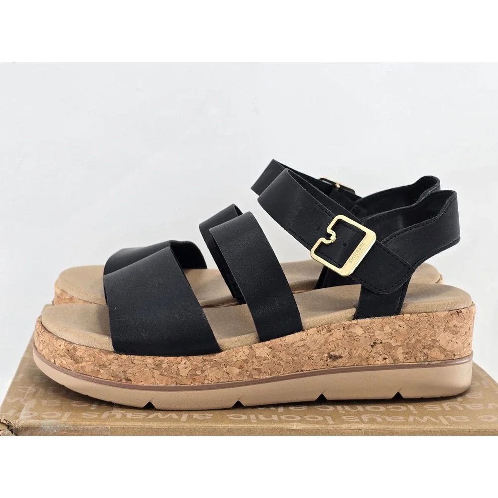 Dr. Scholl's Once Twice Sandals Womens 8 Black Strappy Cork Wedge -Excellent